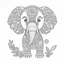 Placeholder: coloring page, mandala baby elephant, happy, cute animals, full view, realistic, only draw lines, clean line art, –no sketch, color, –ar 3:4, white background, minimalistic black lines, minimal black color, low level black colors, coloring page, avoid thick black colors, thin black line art, avoid colors, perfect shape lines, perfect clear lines,