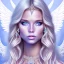 Placeholder: portrait of a beautiful woman with an angel face smiling,long blond hair, blue eyes, pink and blue dress, jewels, soft light aura