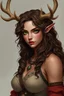 Placeholder: A female fantasy warrior with antlers, olive toned skin, long brown curly hair, green eyes. Quirky face