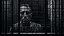 Placeholder: close up parallel prison window bars in foreground, hidden human face partially visible through the window bars, dark prison cell behind him, vertical shadows in background, ultra realistic, dark atmosphere, high contrasts, cinematic