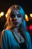 Placeholder: portrait of a beautiful young billie eilish, long messy braided white hair, dressed in an oriental dancing outfit with exposed shoulders night-time, pale smooth skin, alluring, piercing, realistic, warm light on face, highly detailed face, very high resolution, looking at the camera, centered