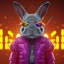 Placeholder: stylized anamorphic Rabbit toddler, smiling, cyberpunk headphone, sunglass, gangsta gold neckless, full body, magenta puffer jacket, manila city backdrop, dramatic lighting, hyper realistic, unreal engine 5, 16k