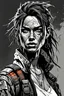 Placeholder: create a full body portrait sketch of a beautiful, young woman, raggedly dressed, post apocalyptic, cyberpunk scavenger, with highly detailed and deeply cut facial features, searing lines and forceful strokes, precisely drawn, boldly inked, with gritty textures, vibrant colors, dramatic otherworldly lighting