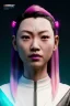 Placeholder: portrait, Asian cyborg woman, samurai warrior :: symmetry photography, cyberpunk style, pink hair, makeup, line eye, light iris, :: black samurai armor, japanese traditional pattern, wires and circuits, pink, white, black :: cinematic, Ultra realistic, dark scene, soft color, highly detailed, unreal engine 5, RTX, ultra detail, 3d, finely drawn, high definition.