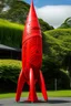 Placeholder: An orangish red steel rocket designed in Maori sculptures