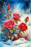 Placeholder: magic Winter landscape, blooming roses in the snow. Jean-Baptiste Monge style, watercolor, ink. Picturesque and colorful. Bright colors of the ring exquisitely luxury chic aesthetics photo harmony professional photo 64K pixel graphics high detail bright lighting