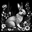 Placeholder: a beautiful rabbit between seeds and big flowers black background .black and white colors. for a coloring book . with grayscale