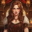 Placeholder: An arrogant looking young woman with pale skin and long brown hair in a fantasy tavern setting with intricate details. She is smirking, a tavern wench, has red eyes, an air of malevolent power surrounds her. High definition.