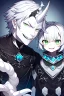 Placeholder: plauge doctor in balck leather clothes with silver hair, pale skin and bright green eyes smiling with sharp teeth, nice young face, male, viscious smile