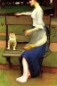 Placeholder: Woman and cat sitting on a park bench. John William Waterhouse