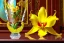 Placeholder: 1512857901 hypersigil photograph of a beautiful yellow and red orchid in a clear glass rococo inspired vase on a mirrored deco themed end table in a shadowy corner of a nouveau era room with wood paneling in the style of Robert maplethorpe, tropical birds, lizards, snakes, insects, gorgeous, shamanic, ethereal, photorealistic, embellishments, long shot, wide shot, dof, deep focus, 3d render