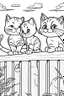 Placeholder: coloring page for kids, Cats on a fence, cartoon style, thick lines, low detail, no shading