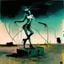 Placeholder: Dystopian future women with a twisted body dancing with retro monitor head and handing wires. In desolate landscape at night. With a concrete decaying block. Abstract oil painting in style of Justin Mortimer