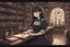 Placeholder: full-height shot of a young witch in a tight black short skirt, inside a large magic shop, sitting at a desk, shelving, bottles, windows