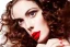 Placeholder: Beautiful portrait female, long brown wavy hair, barrel roll curls, looking down and to the side, full red lips, hand up like blowing a kiss, head looking to the side, side profile, painted with wet goauche