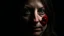 Placeholder: Digital portrait of a woman in her 40s. One eye is visible, while the other is covered by a black-furred rabbit with red eyes. A dark, haunting, and mysterious atmosphere. Abstract dark background.