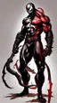 Placeholder: A close picture of Venom symbiote with kratos red tattoos and Clothes, holding blade of choice