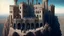 Placeholder: a group of people standing on top of a castle, a detailed matte painting by Ricardo Bofill, behance contest winner, qajar art, matte painting, vray tracing, matte drawing