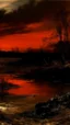 Placeholder: A reddish black swampy bog with fiery will-o'-the-wisps painted by Gustave Courbet
