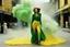 Placeholder: [iconic color photo by Helmut Newton] EMeRGENCE: Her bended figure emerged from the chaos, surrounded by the swirling backdrop of yellow dust and billowing smoke that cloaked the attack in the bustling yellow market plaza. An Italian woman clad in plush green trousers and a worn velvet green pull-over, her back heaving with urgency, navigated the labyrinthine alleys with a grace born of desperation.