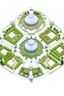 Placeholder: Large nature conservatory floorplan. There are four different garden domes for botanical gardens. They are each located at a point that would make up the shape of a square. Four separate walkways connect the four domes. In the middle of the square space, is filled with a pond with a lone small garden dome placed on top of the water. There are no land are in the middle where the water is so there is no way to get to the lone dome.