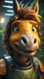 Placeholder: close up, magazine cover, smiling with front teeth, metallic yellow orange donkey turtle chivalry knight with friendly cute face and hair locks in dark lit reflective wet jungle metallic hall dome hotel tunnel, in the style of fallout 4 game,bokeh like f/0.8, tilt-shift lens 8k, high detail, smooth render, down-light, unreal engine, prize winning