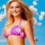 Placeholder: jolie femme avec longs cheveux blonds - joli visage souriant et beau corps bien formé , beaux yeux bleus - grandes ailes roses transparentes ciel bleu fleurs roses et blanches. bikini