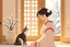 Placeholder: papercut, ukiyo-e, 3D characters, an elegant pretty young woman in an elegant beige-white-brown room freezing, snow and ice flakes S<AI in sunshine, cute tabby cat