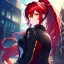 Placeholder: Clear focus, 8k, beautiful lighting, vibrant colors, girl, red hair, long hair, vibrant golden eyes, ponytail, messy hair, hair in between the eyes, jacket,