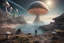 Placeholder: A hyper-realistic 16K 3D photograph of an alien world, with a woman in a spacesuit looking over a rocky shoreline, witch's hat mushrooms with tentacles floating across the sky