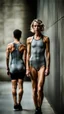 Placeholder: beautiful anorexic woman, total shot, short grey metallic triathlon swimsuit, short blond wavy bob hair, blurred concrete background