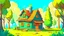 Placeholder: Cartoon style: at the end of the forest, on the horizon there is a small wooden house