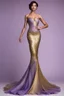 Placeholder: Stunning utopian mermaid gown with lavender and gold. Hyper realistic standing model