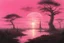 Placeholder: Pink sky with one planet un the sky, sci-fi, 2000's sci-fi movies influence, rocks, cliffs, vegetations, emile claus and auguste oleffe impressionism paintings