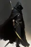 Placeholder: A commander with a black cloak and a long coat with long combat boots and a long spear with his Helmet is golden under his cloak like assasins