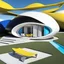 Placeholder: 3D drawings of Zaha Hadid style egg-shaped country house in black, white, blue and yellow colors