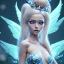 Placeholder: Fantasy cute fairy with wings, smiling, blue eyes, make up, long blond platinum hair, crown, beautiful dress, flowers in background, blender 3D