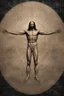 Placeholder: Human – Language – Computer. Leonardo da Vinci's Vitruvian man against the background of the matrix and the crumbling ones and zeroes. close-up of the surrounding area. Solid science fiction, high resolution