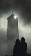 Placeholder: A building light tower by the stormy high wavocean all gray, a shadow of a two creatures with hood looking at the house , foggy, blurry , dark and , like horror movie ,mysterious,painted antique canvas of a Risograph Art of a Art ,into the moody backdrop creates an atmosphere of enchantment and mystery high resolution fine detailed textures fine colors scratches, tears, burn marks, cracks in the paint in the mix style of Joan Miro Gabriel Pacheco, antique extreme canvas textured, blurry old styl