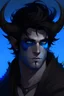 Placeholder: An male demon with dark, messy, black hair, black horns, and bright blue eyes.