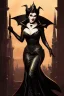 Placeholder: painting of morrigan hel as evil queen in black leather gown, feminie, angry, stern look on her face, volouptous, busty, cleavage, emperious, mature, highly detailed, digital painting, artstation, concept art, smooth, sharp focus, illustration, art by gaston bussiere and alphonse mucha