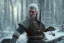 Placeholder: Geralt of Rivia, Jaskier the Bard, snowy forest scene, around a campfire, Jaskier playing his lute, monster lurking in background behind a tree, DSLR, panorama, complementary colours, splash of colour, hyperrealism, 8k resolution concept art, intricately detailed, film still