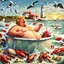 Placeholder: Donald Trump as a Fat man in a claw foot bathtub sinking in the ocean. Water lapping at the top of the tub. Panic on his face. Scared, screaming for help. Surrounded by seagulls, lobsters and crabs. there is a colorful light house with stormy skies in the background. Lightening and wind blows. He's in trouble.