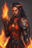 Placeholder: Paladin druid female made from fire . Hair is long and bright black some braids and it is on fire. Eyes are noticeably red color, fire reflects. Make fire with hands . Has a big scar over whole face. Skin color is dark