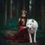 Placeholder: Beautiful young girl kneeling next to a white wolf