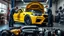 Placeholder: A car repair shop where two people in work clothes are repairing a yellow BMW M6 series with an eye-catching theme in a sophisticated and special repair shop where a collection of car engine parts is arranged on the floor at the bottom of the image.