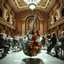 Placeholder: disintegrating photography. in a Double exposure cello, an ethereal symphony orchestra playing in an ornate concert hall, double exposure art, concept art, white negative space