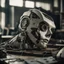 Placeholder: machinery organic robot face, half ruined, head lying in a table, film cinematic filter