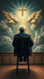 Placeholder: Bosch painting style a rear of 3D view of an old man sitting on a high chair facing a a surrealism picture of heaven on the wall , show from the back of the picture