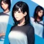 Placeholder: black haired woman, casual clotting, realistic, HD4k, watery cloud background, close up shot,